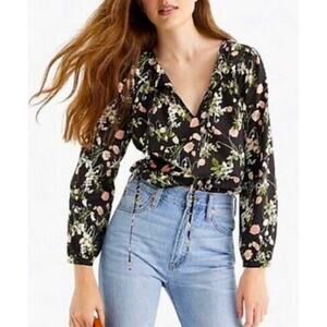 J.Crew Liberty Art Fabrics Floral Blouse Black Pink Cotton Long Sleeve Top Women